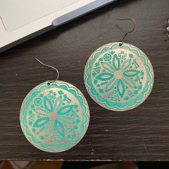 Boho teal and silver medallion earrings - Picture 2 of 3